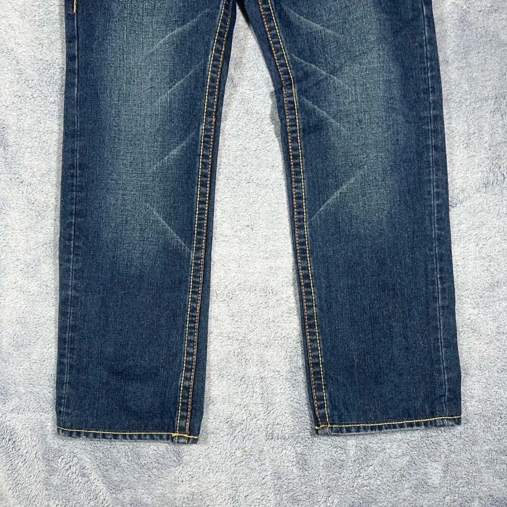 True Religion Billy Super T Dark Wash Straight Leg Jeans Men 34x33 Yellow Stitch